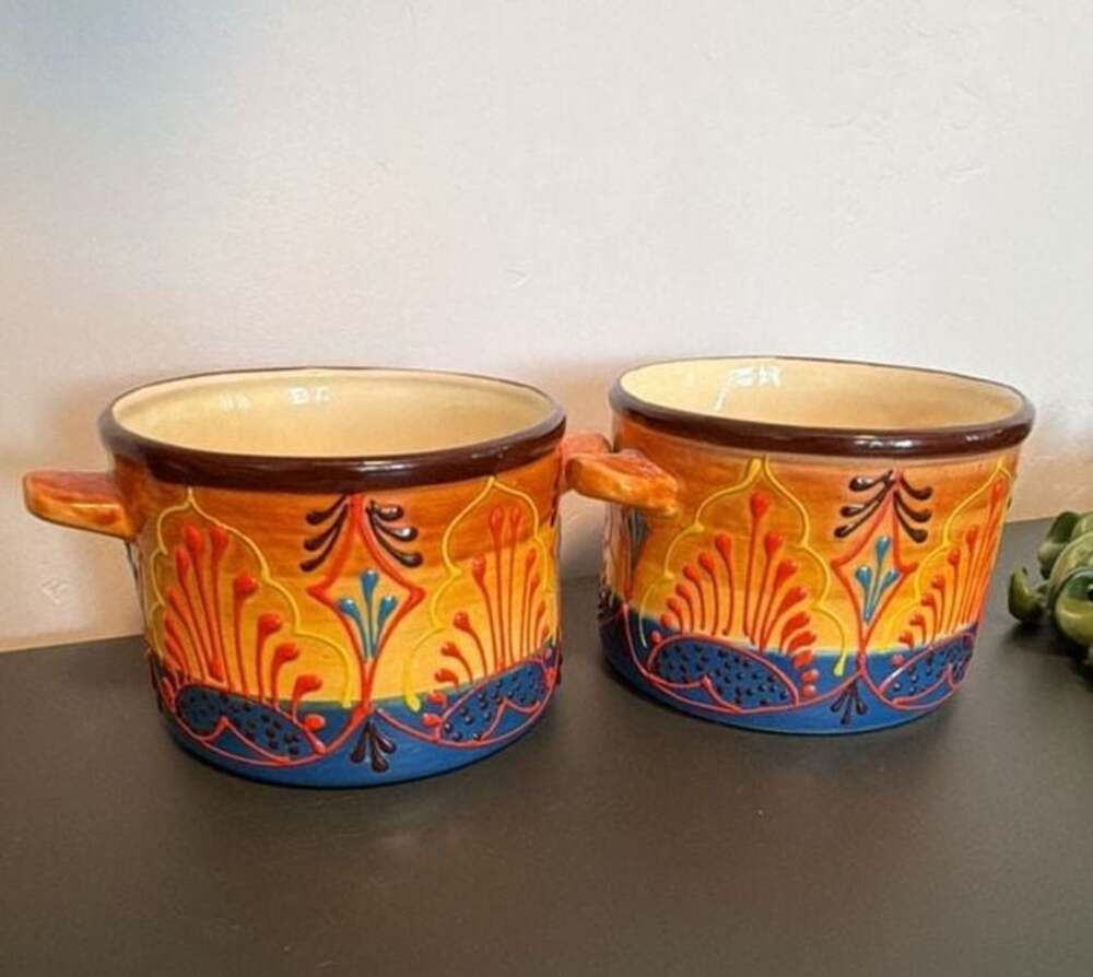 Set of Two El Poyeton Hand Made Spanish Earthenware Handled Bowls